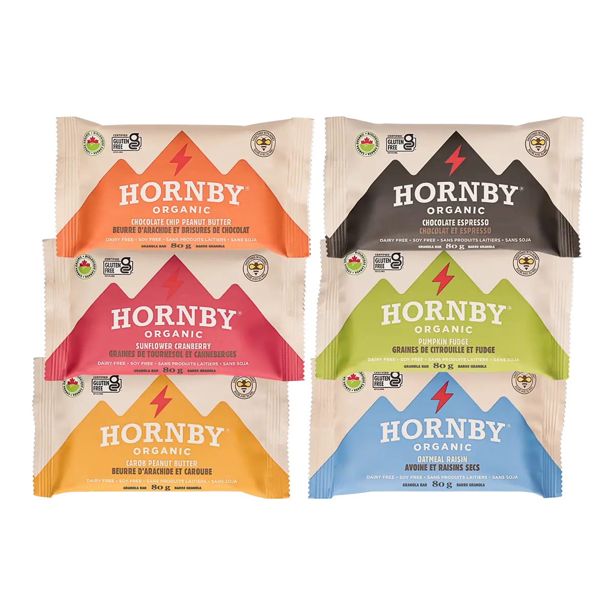 Hornby Organic packaging with colorful mountain designs on a white background