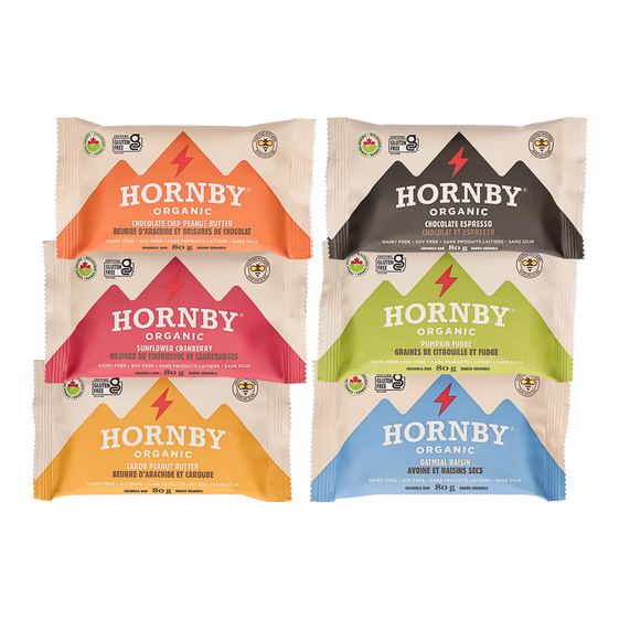 Hornby Organic packaging with colorful mountain designs on a white background