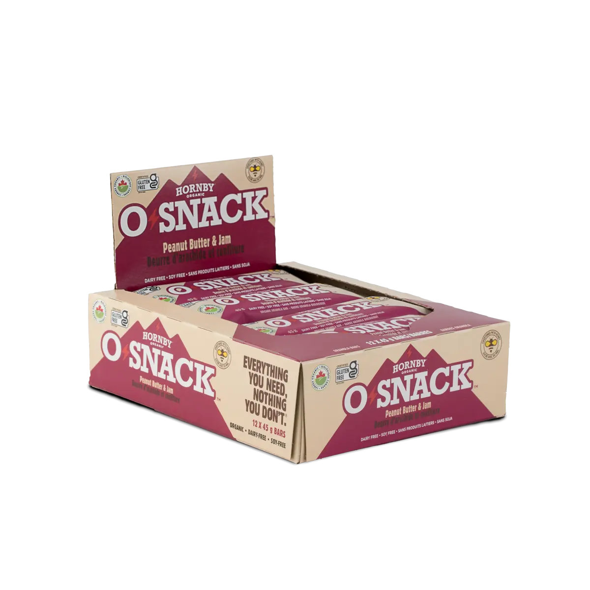 Box of Horny O Snack Peanut Butter & Jam bars on a white background