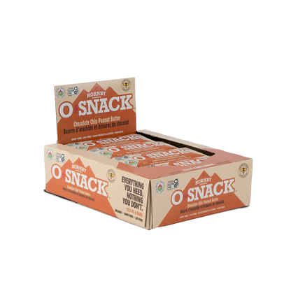 Box of Hornby O Snack chocolate chip peanut butter bars on a white background